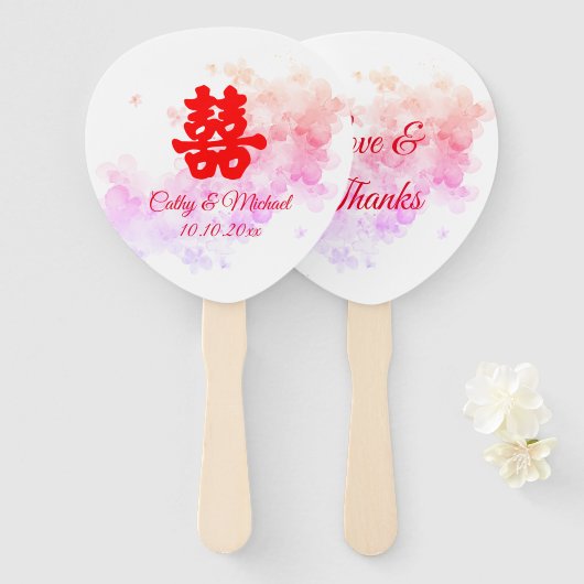 中国の赤い水彩桜のウェディング ハンドファン (正面&裏面)