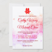 中国の赤い結婚式の水彩桜のデザイン 招待状 (正面)