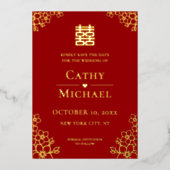 中国の赤い花の結婚式 Save the Date 箔招待状 (正面)