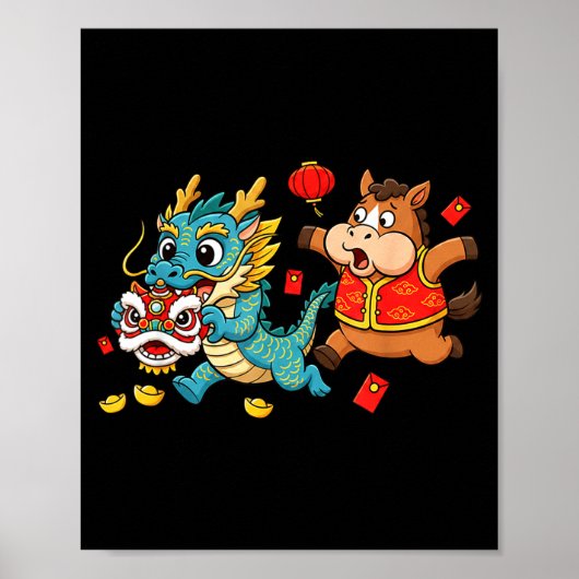 中国の馬のドラゴン面白い子供メンズレディースハッピー ポスター (正面)