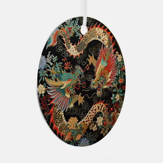 中国の龍と花 メタルオーナメント (正面右)