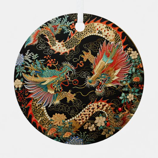 中国の龍と花 メタルオーナメント (正面)