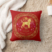 中国の〔占星術の〕十二宮図ドッグ赤/金ゴールドID542 クッション (ブランケット)