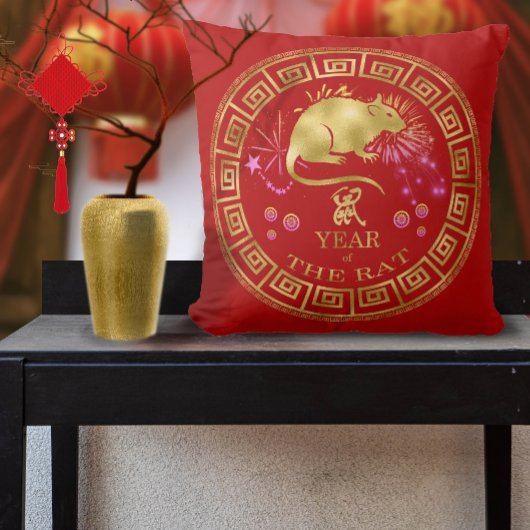 中国の〔占星術の〕十二宮図ラットレッド/金ゴールドID542 クッション