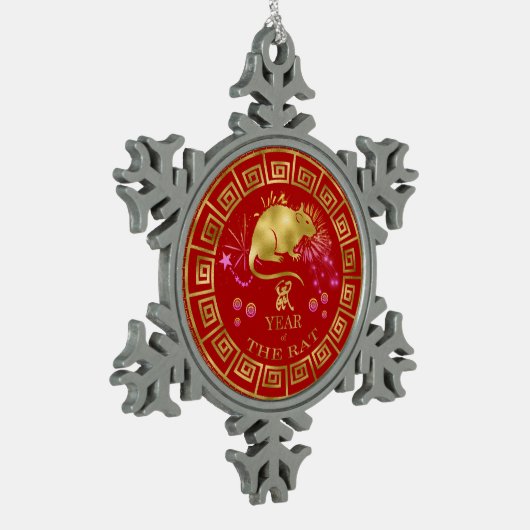中国の〔占星術の〕十二宮図ラットレッド/金ゴールドID542 スノーフレークピューターオーナメント (左)