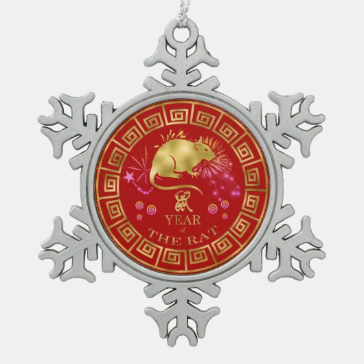 中国の〔占星術の〕十二宮図ラットレッド/金ゴールドID542 スノーフレークピューターオーナメント (正面)