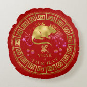 中国の〔占星術の〕十二宮図ラットレッド/金ゴールドID542 ラウンドクッション (正面)
