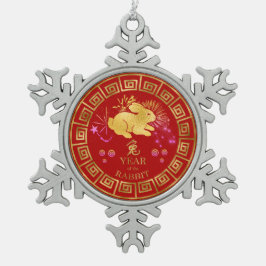 中国の〔占星術の〕十二宮図ラビットレッド/金ゴールドID542 スノーフレークピューターオーナメント