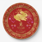 中国の〔占星術の〕十二宮図ラビットレッド/金ゴールドID542 ペーパープレート (正面)