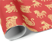 中国の〔占星術の〕十二宮図動物新年の赤金ゴールド ラッピングペーパー (ロールコーナー)