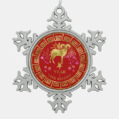 中国の〔占星術の〕十二宮図羊の赤/金ゴールドID542 スノーフレークピューターオーナメント (正面)