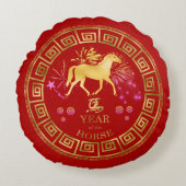 中国の〔占星術の〕十二宮図馬レッド/金ゴールドID542 ラウンドクッション (正面)