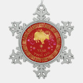 中国の〔占星術の〕十二宮図Ox Red/金ゴールドID542 スノーフレークピューターオーナメント (正面)