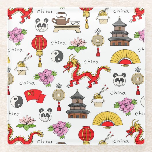 中国シンボルパターン ガラスコースター (正面)