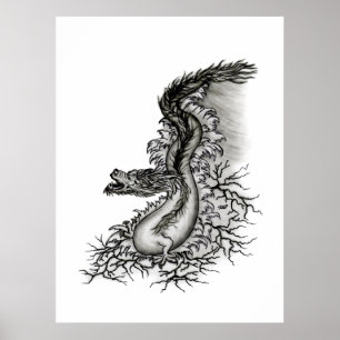 中国ドラゴン、黒と白のデザインでTattoostyl ポスター