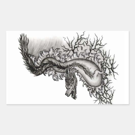 中国ドラゴン、黒と白のデザインでTattoostyl 長方形シール (正面)
