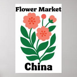 中国フラワーマーケット サンゴ色の芍薬とグリーンリーフ ポスター
