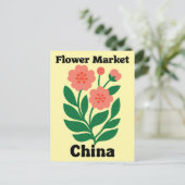 中国フラワーマーケット サンゴ色の芍薬とグリーンリーフ ポストカード (スタンド正面)
