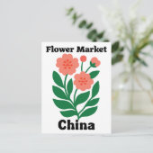 中国フラワーマーケット サンゴ色の芍薬とグリーンリーフ ポストカード (スタンド正面)