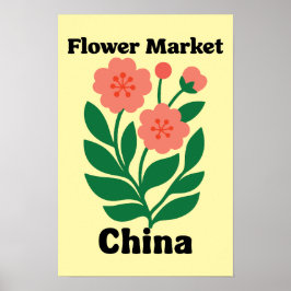 中国フラワーマーケット サンゴ色の芍薬と緑の葉 ポスター