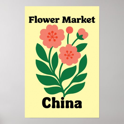中国フラワーマーケット サンゴ色の芍薬と緑の葉 ポスター (正面)