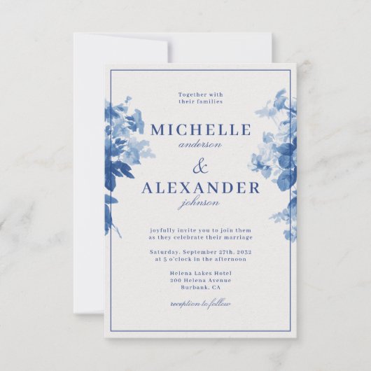 中国ブルーウォーター色のフローラ結婚ズ 招待状 (正面)