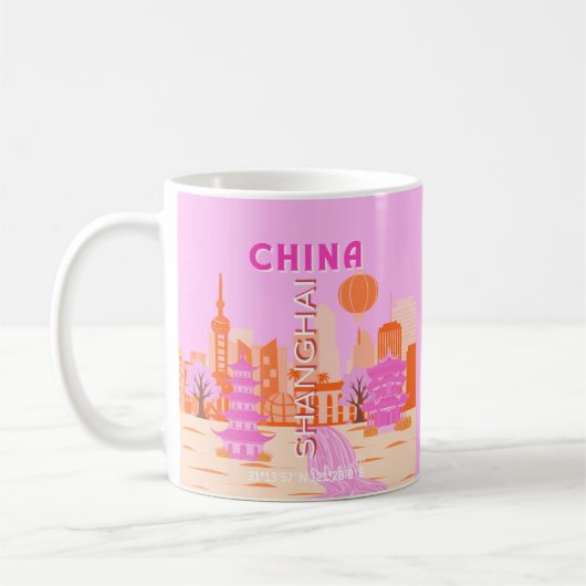 中国上海のピンクの旅アート コーヒーマグカップ (左)