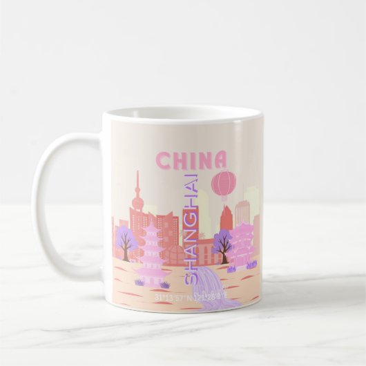 中国上海の淡彩トラベルアート コーヒーマグカップ (左)