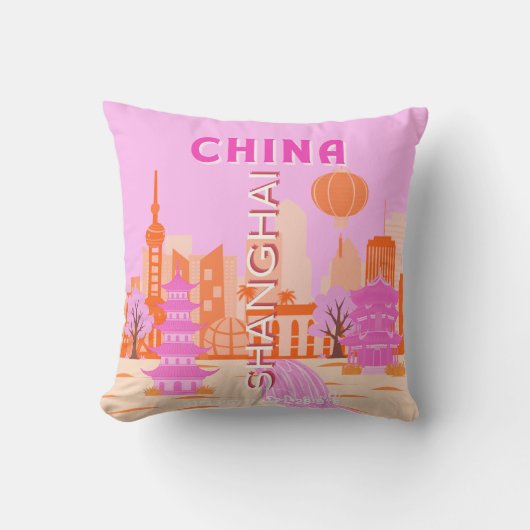 中国上海ピンク旅行アート クッション (正面)