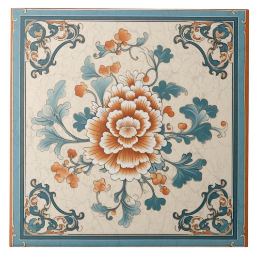 中国伝統的オレンジインクフラワーアート1 タイル (正面)