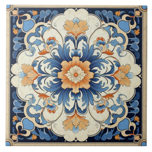 中国伝統的オレンジインクフラワーアート2 タイル (正面)