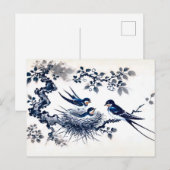 中国墨絵の巣でのスズメの子育て ポストカード (正面/裏面)