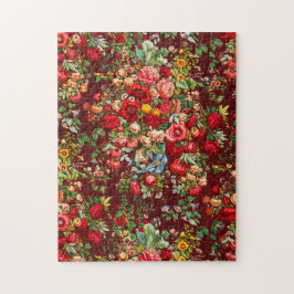 中国柄の赤ピンク色の黄色い花ヴィンテージ ジグソーパズル