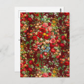 中国柄の赤ピンク色の黄色い花ヴィンテージ ポストカード (正面/裏面)