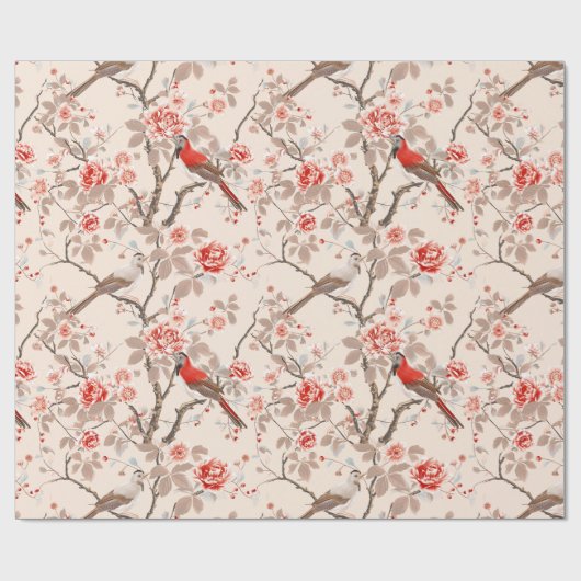 中国産アジアの赤い鳥ピンクの花の切り離し ラッピングペーパー (フラット)