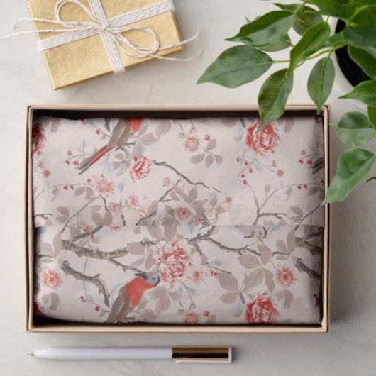 中国産アジアの赤い鳥ピンクの花の切り離し 薄葉紙 (ギフト)