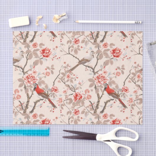 中国産アジアの赤い鳥ピンクの花の切り離し 薄葉紙 (クラフト)