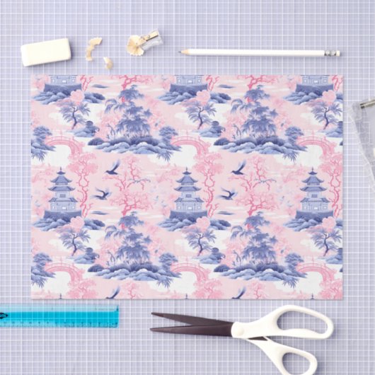 中国産アジアの風景ピンクブルーのデコページ 薄葉紙 (クラフト)