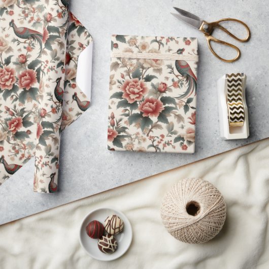 中国産アジアンバードホワイト赤フローラ ラッピングペーパー (クラフト)