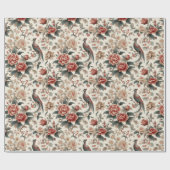 中国産アジアンバードホワイト赤フローラ ラッピングペーパー (フラット)