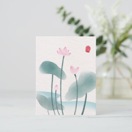 中国産中国のインク洗絵画浄の蓮フローラ ポストカード (スタンド正面)