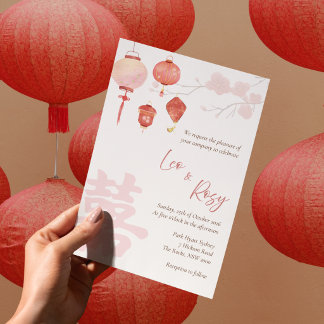 中国語対応の結婚式招待状 ピンクのランタン 招待状