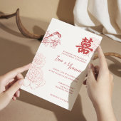 中国語+英語 二ヶ国語 結婚式 招待状 赤い 芍薬デザイン