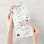 中国語 英語 二言語 ピンクの花 オールインワン招待状 (貼ってはがせる)