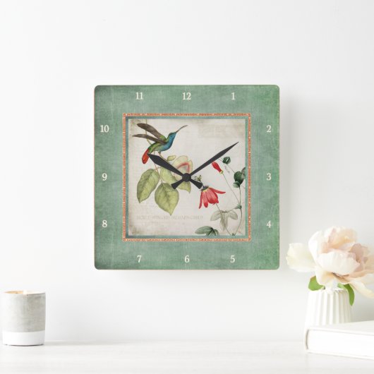 中国趣味のヴィンテージのハチドリによってnは珊瑚が開花します スクエア壁時計 (ホーム)