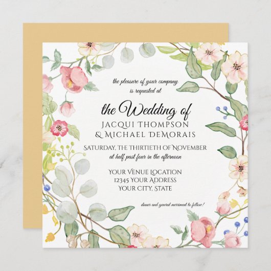 中国趣味の秋の金ゴールドのばら色の花の水彩画 招待状 (正面/裏面)