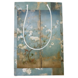 中国風の古風な青いパネルとさくらんぼの木 ミディアムペーパーバッグ