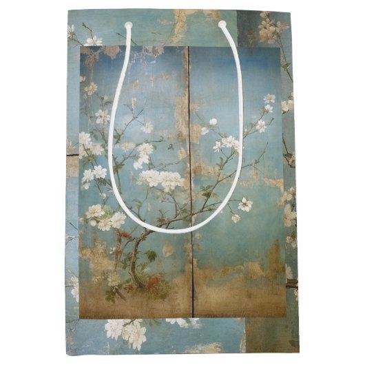 中国風の古風な青いパネルとさくらんぼの木 ミディアムペーパーバッグ (正面)