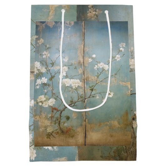 中国風の古風な青いパネルとさくらんぼの木 ミディアムペーパーバッグ (裏面)