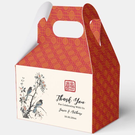 中国風の赤い花と鳥のウェディング フェイバーボックス (正面)